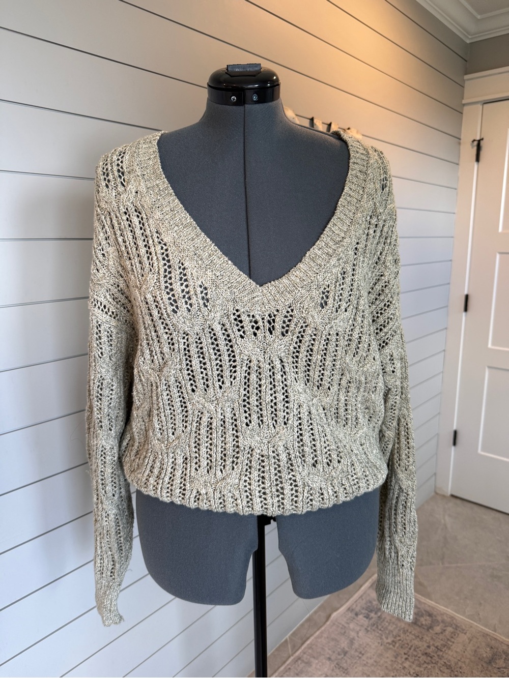 White House Black Market Open-Knit V Neck Sweater in Light Olive